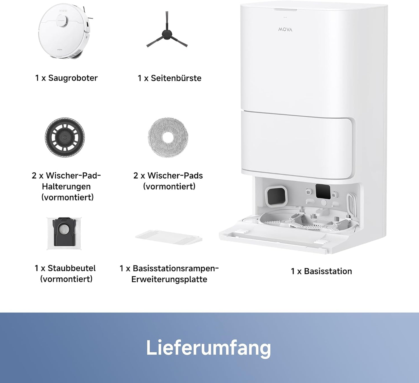 Mova E40 Ultra Saugroboter mit Wischfunktion, Autom. Leerung und 19.000 Pa, MaxiReach-Wischmopp-T., Verhedderungsfreie Seitenbürste, Eingeb. 80-ml-Wasserb, All-in-One-Station zu 75 Tage Reinigung