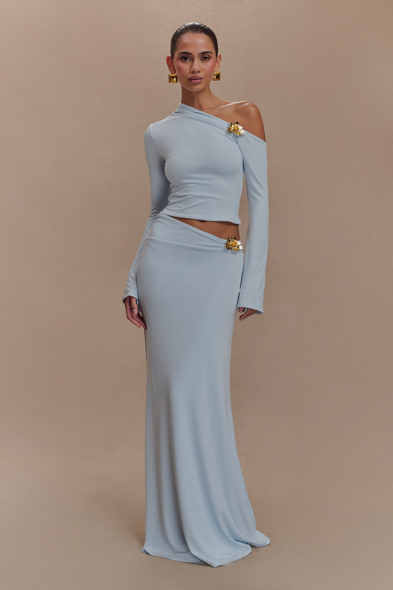 Ainsley Asymmetrical Maxi Skirt With Floral Hardware - Pale Blue