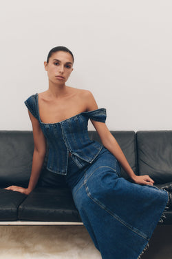 Loretta Cap Sleeve Denim Top - Washed Dark Blue