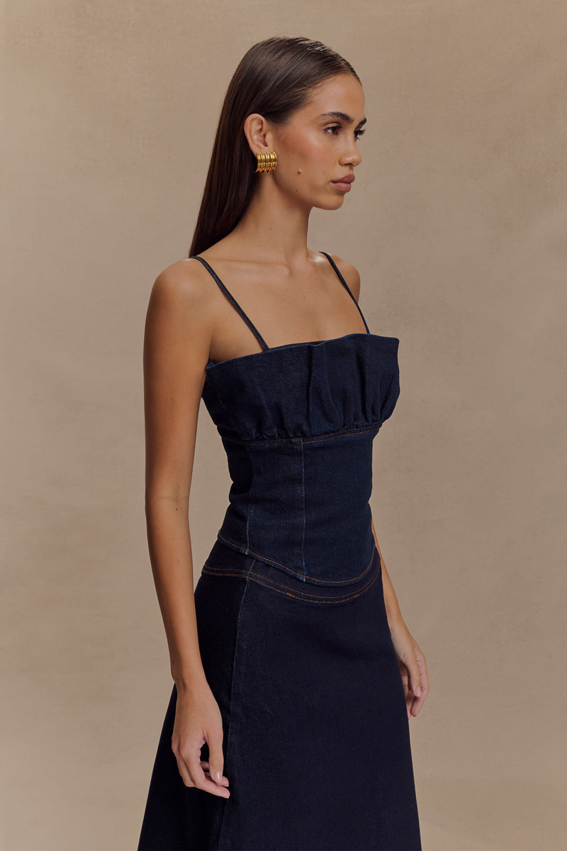 Cecilia Denim Frill Corset - Indigo Blue