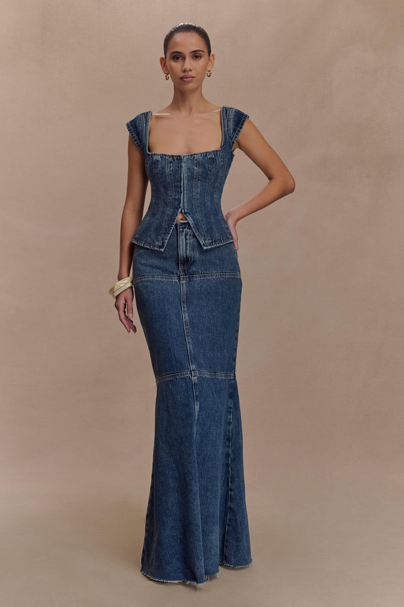 Loretta Cap Sleeve Denim Top - Washed Dark Blue