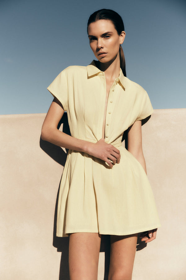 Aysha Buttoned Linen Mini Dress - Lemon