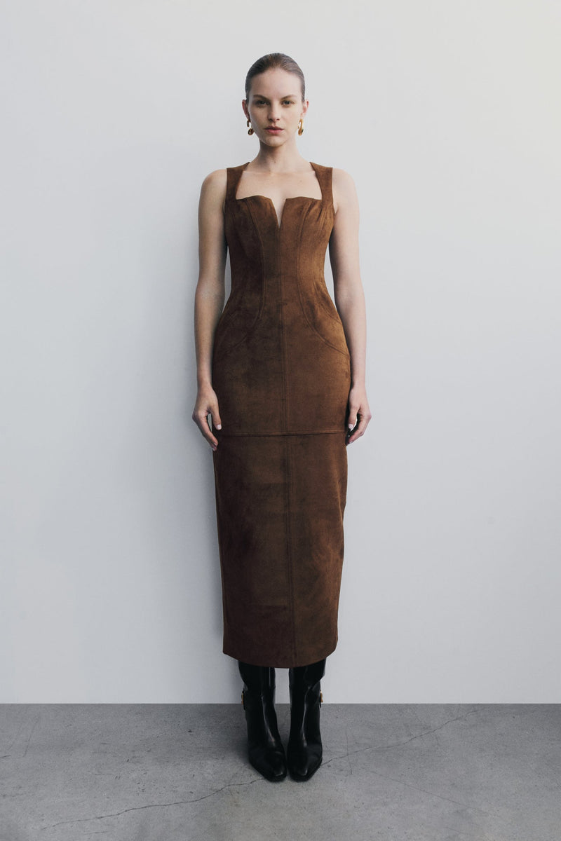 Liam Faux Suede Maxi Dress - Dark Chocolate