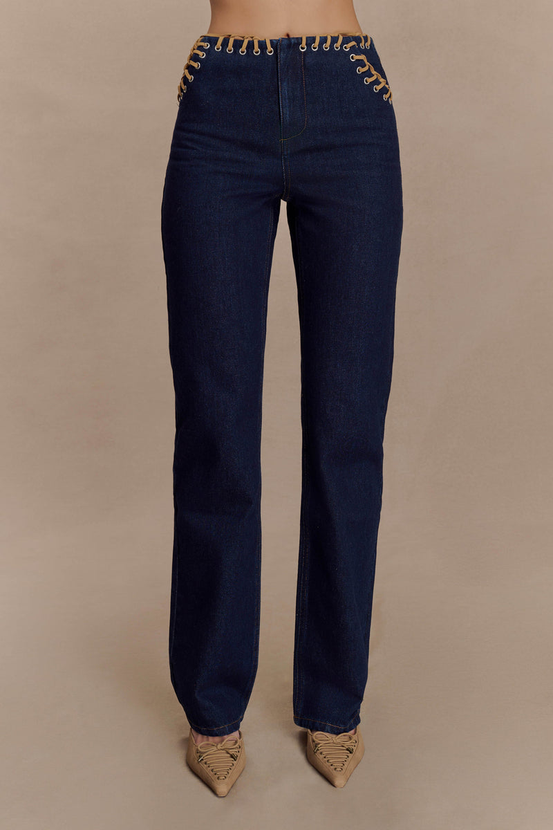 Meryl Lace Up Denim Jean - Indigo Blue