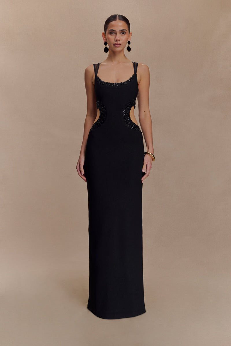 Angelique Beaded Crepe Maxi Dress - Black