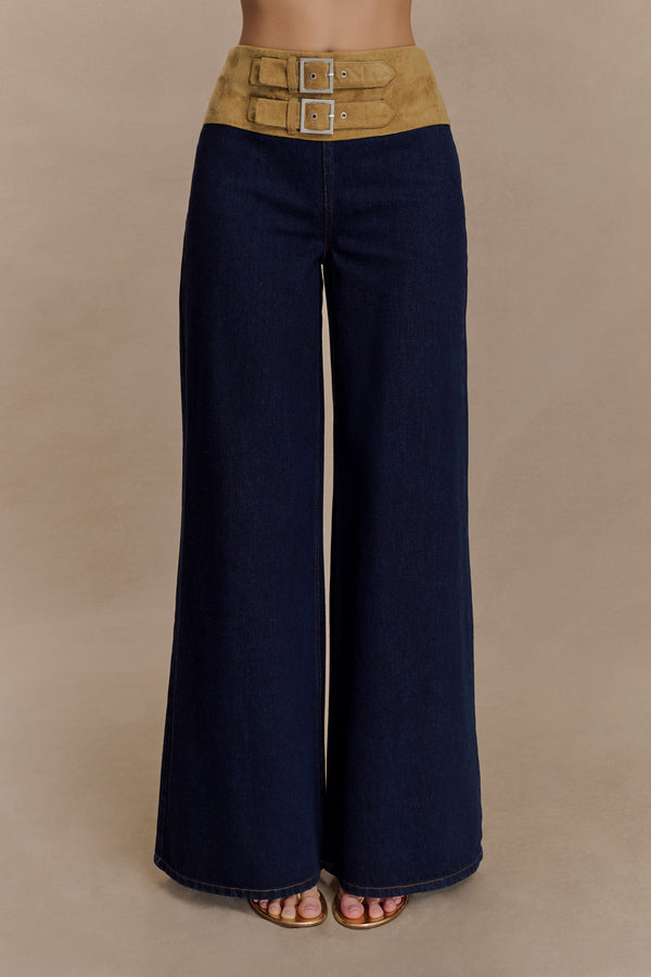 Miranda Faux Suede Belted Denim Wide Leg Pants - Indigo Blue
