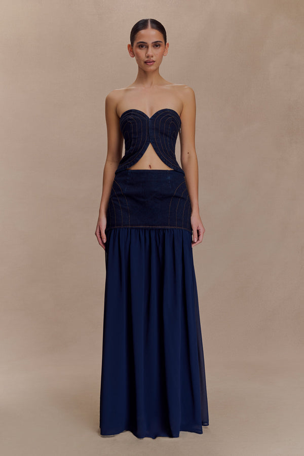 Tully Strapless Topstitch Denim Top - Indigo Blue