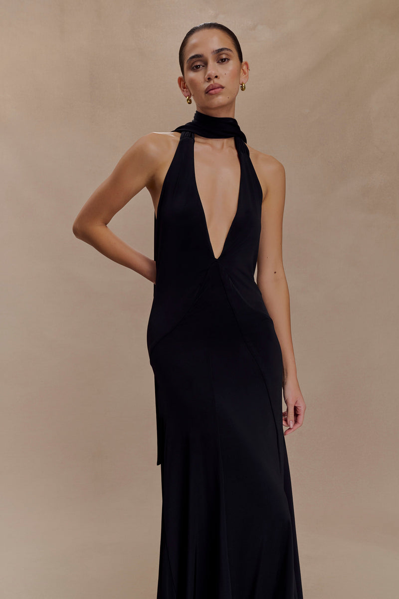 Juliet Slinky Maxi Dress With Scarf - Black