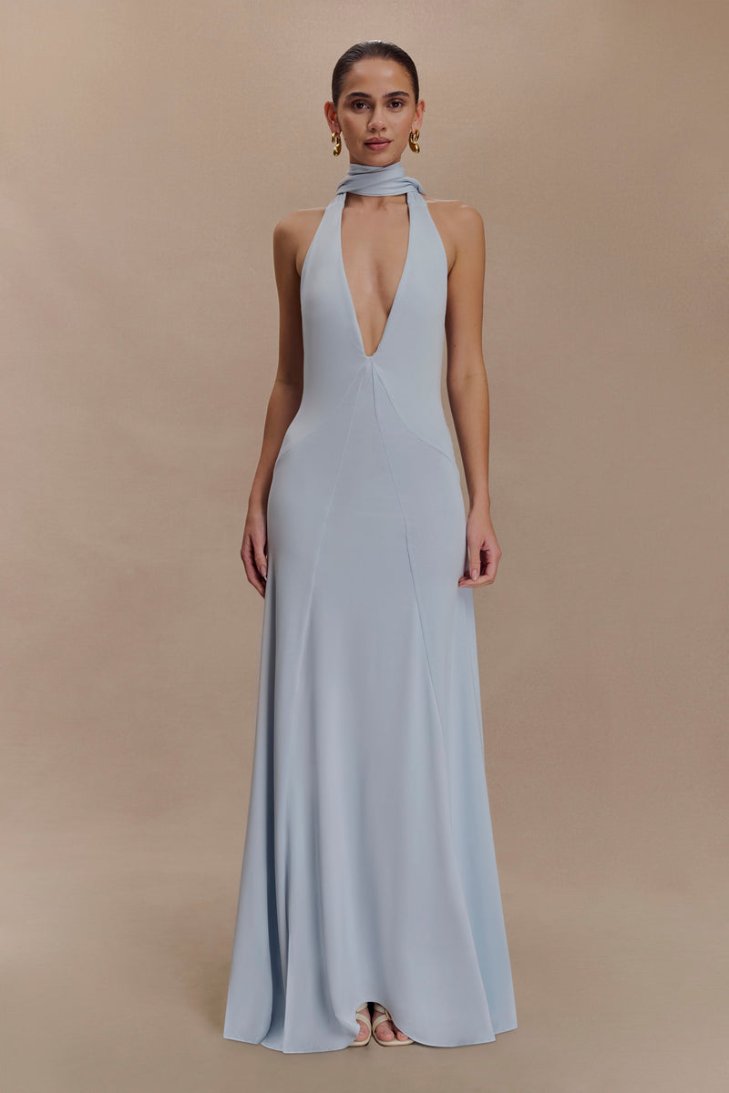 Juliet Slinky Maxi Dress With Scarf - Pale Blue