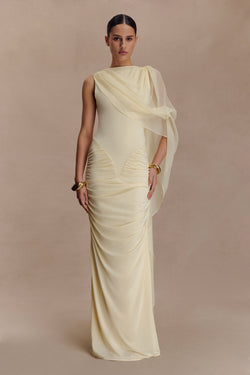 Amandine Ruched Slinky Maxi Dress - Lemon