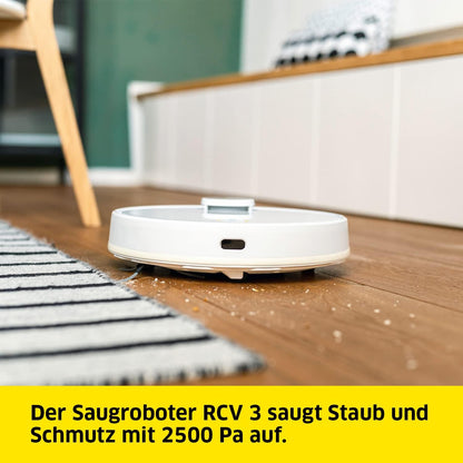 Kärcher Saugroboter RCV 3 mit Wischfunktion, smarte App-Steuerung, LiDAR-Laser-Navigation, Kartierung, Raum- und Hinderniserkennung, 2500 Pa, 120 min Laufzeit, für Hartböden und Teppiche, Weiss