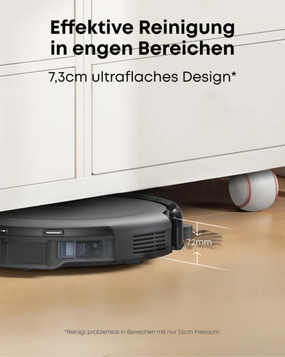 eufy C10 Saugroboter mit Automatischer Absaugstation, 7,3cm Ultraflaches Design, Teppichreinigung, Ausfahrbare Seitenbürste für Ecken, Automatische Entleerung, Punktlaser- & Infrarot-Navigation