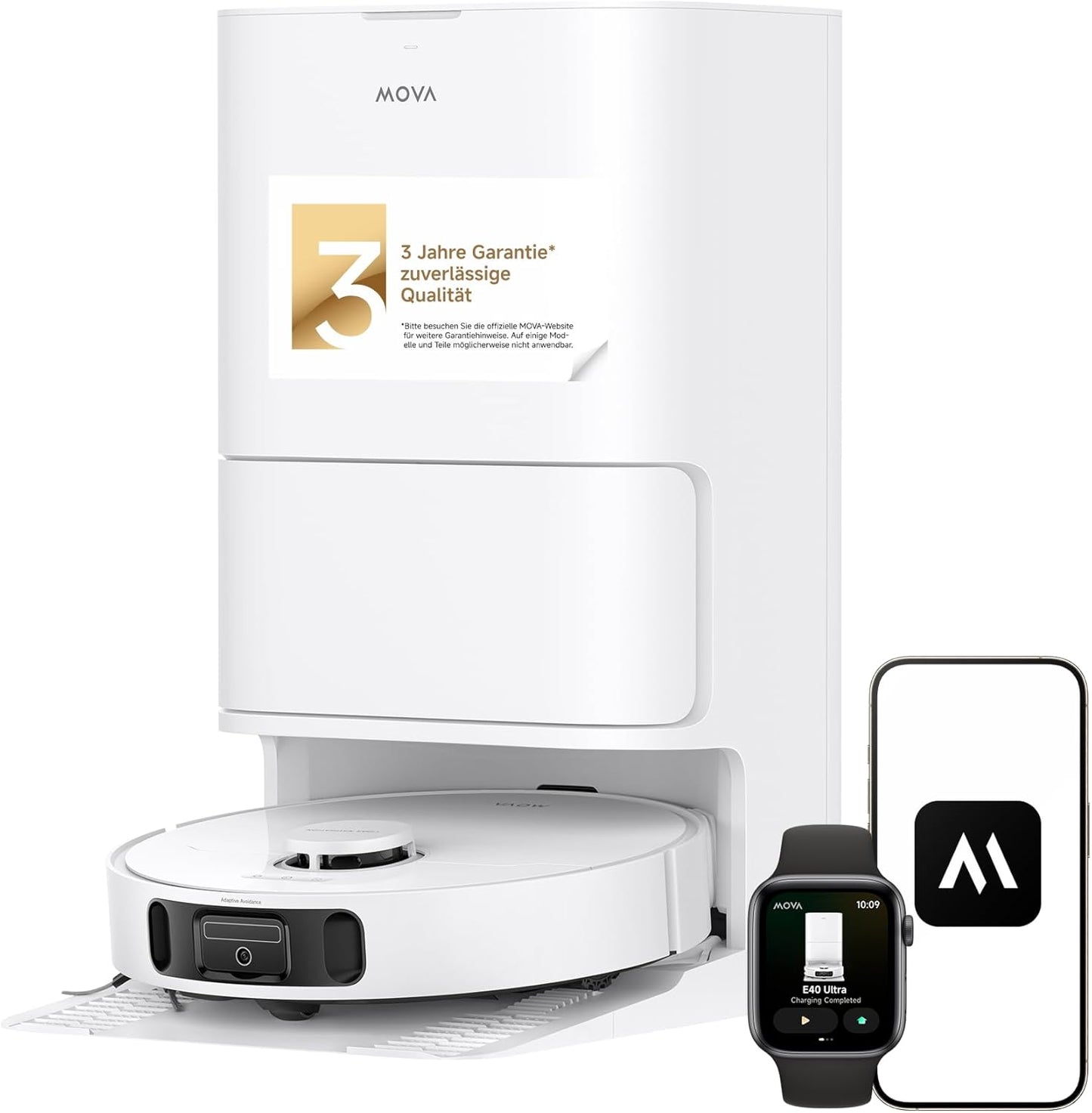 Mova E40 Ultra Saugroboter mit Wischfunktion, Autom. Leerung und 19.000 Pa, MaxiReach-Wischmopp-T., Verhedderungsfreie Seitenbürste, Eingeb. 80-ml-Wasserb, All-in-One-Station zu 75 Tage Reinigung