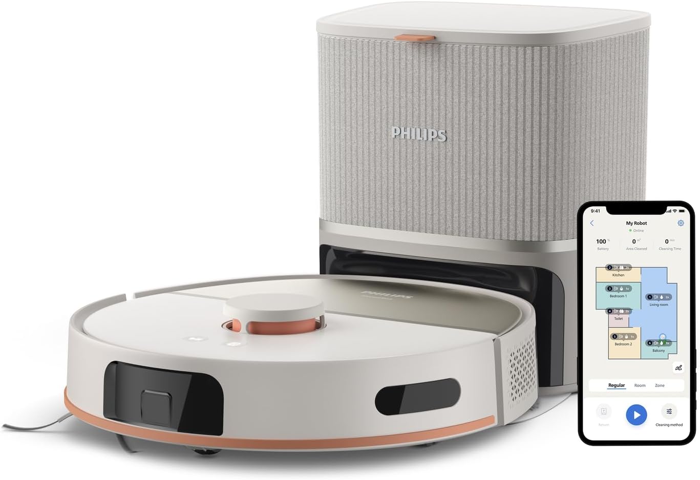 Philips Homerun Serie 2000: 2-in-1 Saug- und Wischroboter, 130 Minuten Laufzeit, Lasernavigation, Teppichboost, Absaugstation, App-gesteuert, Arktikweiß (XU2100/20), Arctic White