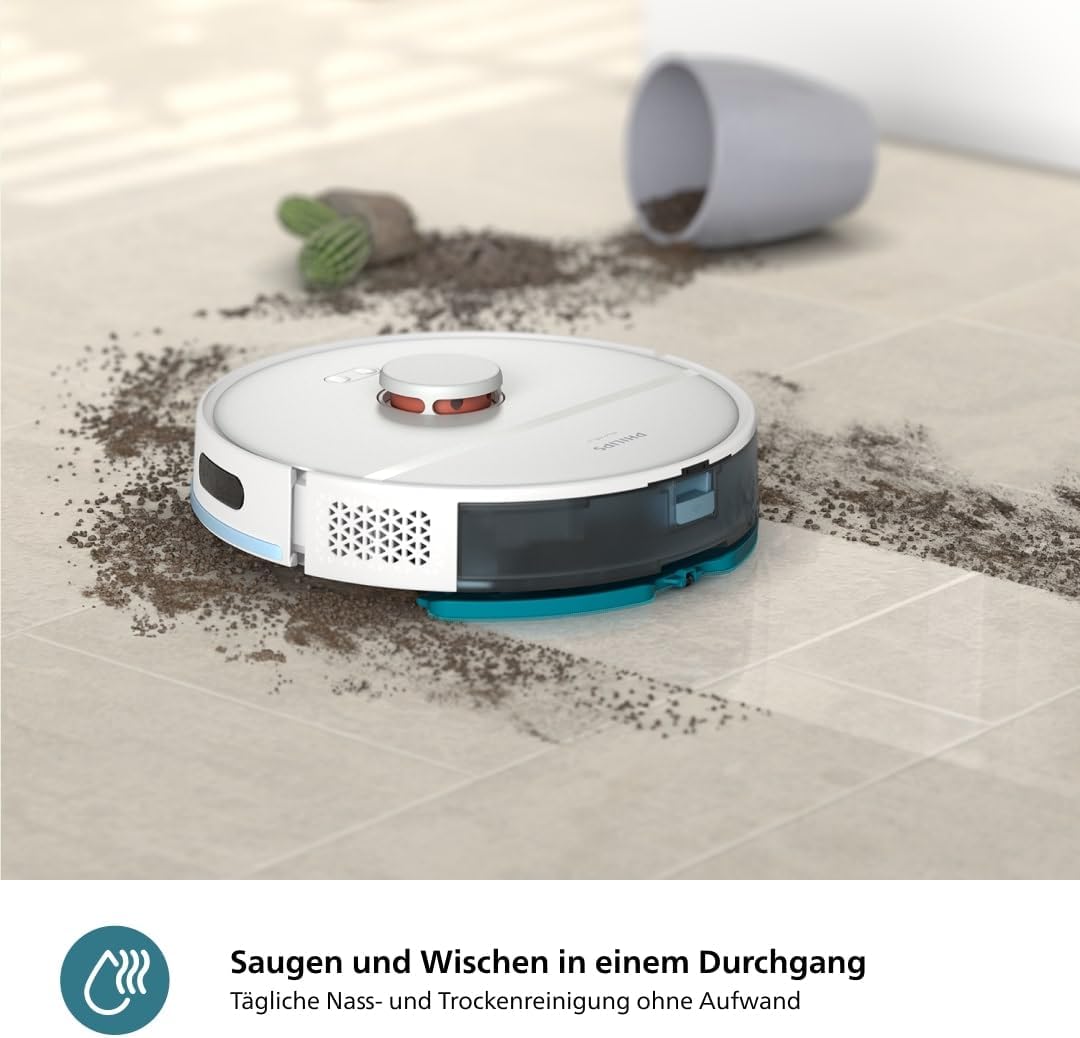 Philips Homerun Serie 2000: 2-in-1 Saug- und Wischroboter, 130 Minuten Laufzeit, Lasernavigation, Teppichboost, Absaugstation, App-gesteuert, Arktikweiß (XU2100/20), Arctic White