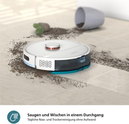 Philips Homerun Serie 2000: 2-in-1 Saug- und Wischroboter, 130 Minuten Laufzeit, Lasernavigation, Teppichboost, Absaugstation, App-gesteuert, Arktikweiß (XU2100/20), Arctic White