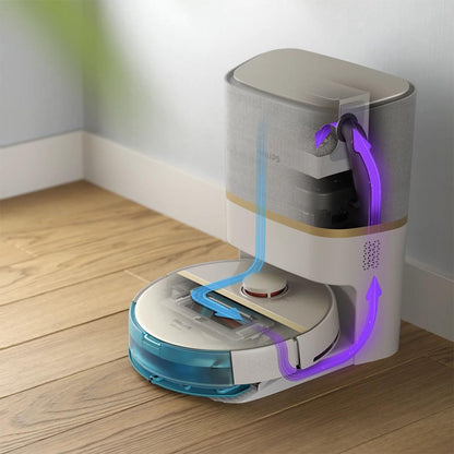 Philips Homerun Serie 2000: 2-in-1 Saug- und Wischroboter, 130 Minuten Laufzeit, Lasernavigation, Teppichboost, Absaugstation, App-gesteuert, Arktikweiß (XU2100/20), Arctic White