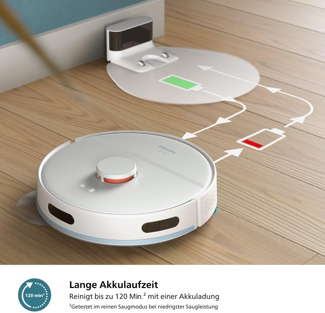 Philips Homerun Serie 2000: 2-in-1 Saug- und Wischroboter, 130 Minuten Laufzeit, Lasernavigation, Teppichboost, Absaugstation, App-gesteuert, Arktikweiß (XU2100/20), Arctic White