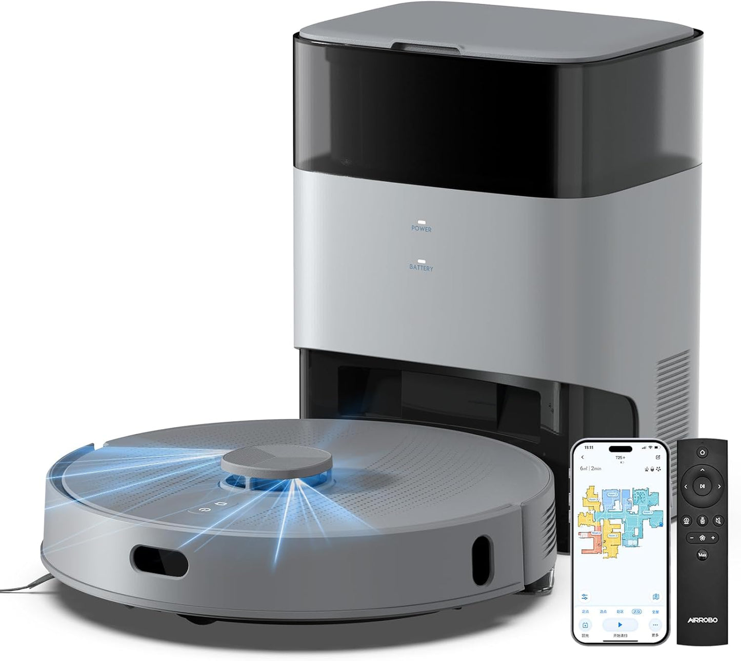 AIRROBO T30+ Saugroboter mit Wischfunktion, Staubsauger Roboter mit Absaugstation, 6000Pa Saugkraft Roboterstaubsauger, 3,5L Staubbeutel, Wischroboter LiDAR Navigation, 240Min Laufzeit, App Steuerung