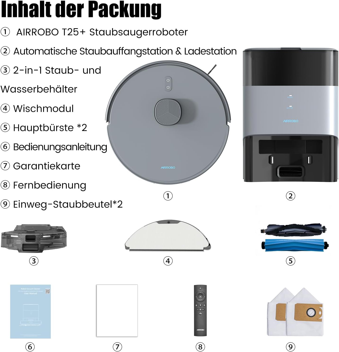 AIRROBO T30+ Saugroboter mit Wischfunktion, Staubsauger Roboter mit Absaugstation, 6000Pa Saugkraft Roboterstaubsauger, 3,5L Staubbeutel, Wischroboter LiDAR Navigation, 240Min Laufzeit, App Steuerung