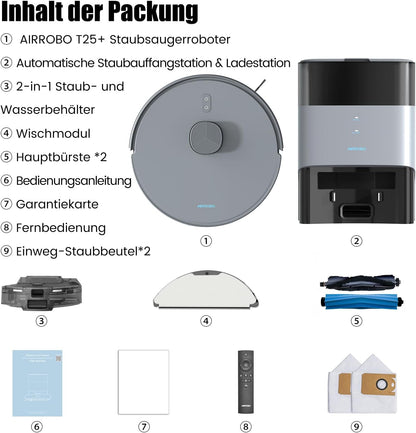 AIRROBO T30+ Saugroboter mit Wischfunktion, Staubsauger Roboter mit Absaugstation, 6000Pa Saugkraft Roboterstaubsauger, 3,5L Staubbeutel, Wischroboter LiDAR Navigation, 240Min Laufzeit, App Steuerung