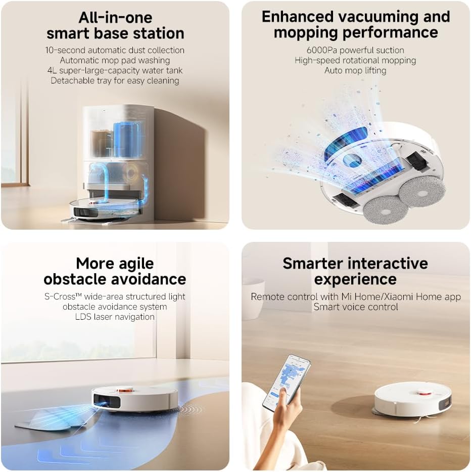 Xiaomi Robot Vacuum X20+ Saugroboter mit Absaugstation und 4L/4L Frisch- & Altwassertank - 2 rotierende, Auto-Trocknung Wischmops, Bis 280m² wischen, 6000Pa Saugkraft, LDS-Navigation, Alle Bodentypen