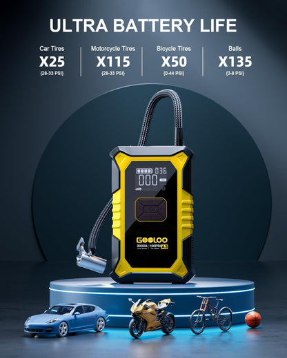 GOOLOO A3 Jump Starter with Air Compressor, 3000A Portable Car Battery Booster (9.0 Gas/6.5L Diesel) with 150PSI Auto-Shutoff Tire Inflator, 12V Supersafe Lithium Jump Box Car Battery Jumper Starter