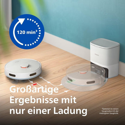 Philips Homerun Serie 2000: 2-in-1 Saug- und Wischroboter, 130 Minuten Laufzeit, Lasernavigation, Teppichboost, Absaugstation, App-gesteuert, Arktikweiß (XU2100/20), Arctic White
