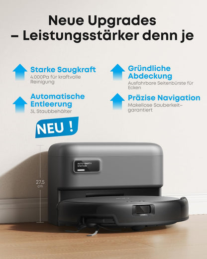 eufy C10 Saugroboter mit Automatischer Absaugstation, 7,3cm Ultraflaches Design, Teppichreinigung, Ausfahrbare Seitenbürste für Ecken, Automatische Entleerung, Punktlaser- & Infrarot-Navigation