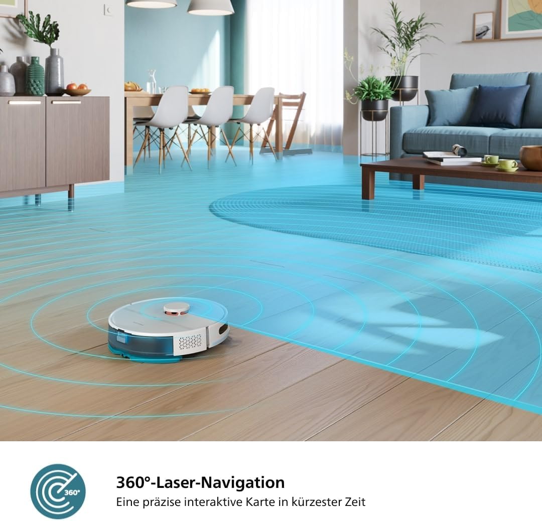 Philips Homerun Serie 2000: 2-in-1 Saug- und Wischroboter, 130 Minuten Laufzeit, Lasernavigation, Teppichboost, Absaugstation, App-gesteuert, Arktikweiß (XU2100/20), Arctic White