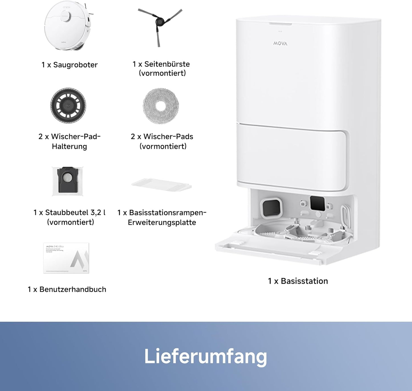 Mova E40 Ultra Saugroboter mit Wischfunktion, Autom. Leerung und 19.000 Pa, MaxiReach-Wischmopp-T., Verhedderungsfreie Seitenbürste, Eingeb. 80-ml-Wasserb, All-in-One-Station zu 75 Tage Reinigung