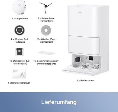 Mova E40 Ultra Saugroboter mit Wischfunktion, Autom. Leerung und 19.000 Pa, MaxiReach-Wischmopp-T., Verhedderungsfreie Seitenbürste, Eingeb. 80-ml-Wasserb, All-in-One-Station zu 75 Tage Reinigung
