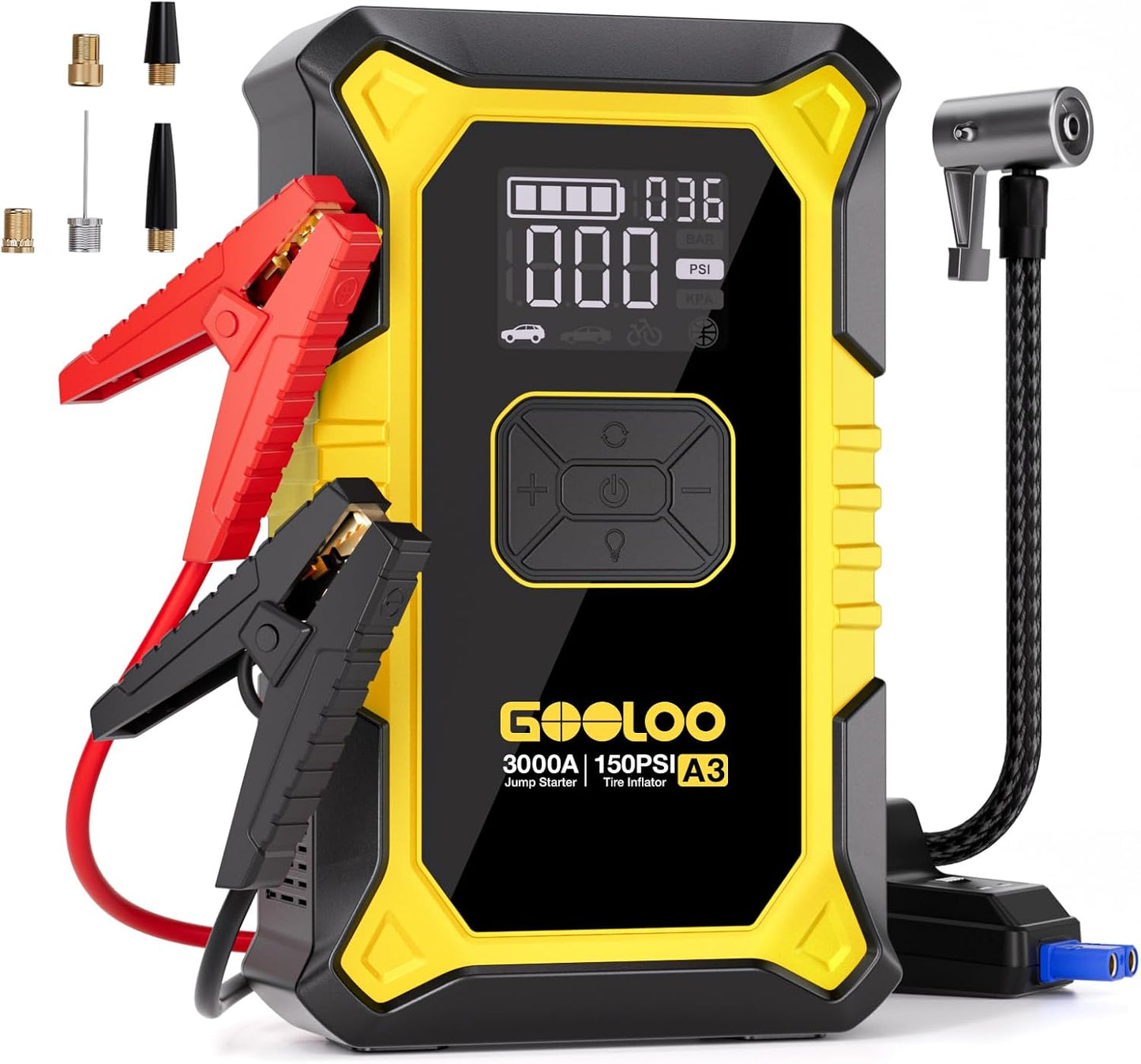 GOOLOO A3 Jump Starter with Air Compressor, 3000A Portable Car Battery Booster (9.0 Gas/6.5L Diesel) with 150PSI Auto-Shutoff Tire Inflator, 12V Supersafe Lithium Jump Box Car Battery Jumper Starter