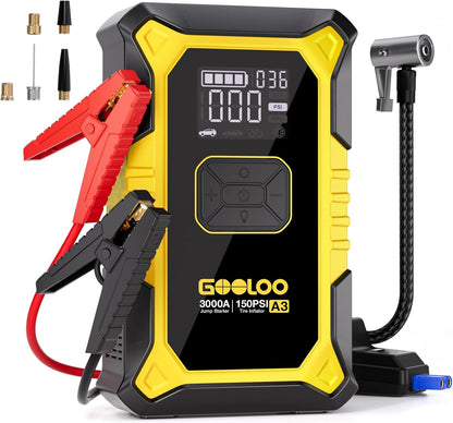 GOOLOO A3 Jump Starter with Air Compressor, 3000A Portable Car Battery Booster (9.0 Gas/6.5L Diesel) with 150PSI Auto-Shutoff Tire Inflator, 12V Supersafe Lithium Jump Box Car Battery Jumper Starter