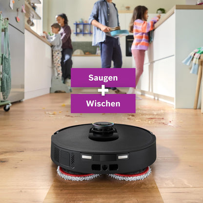 Bosch Spotless Max Cam BCRDW3BX Saugroboter mit Wischfunktion, 11.000 Pa Saugkaft, rotierende Wischpads, Nass-Trocken-Servicestation, Selbstreinigung, Smart Vision Kamera, Steuerung per App, schwarz