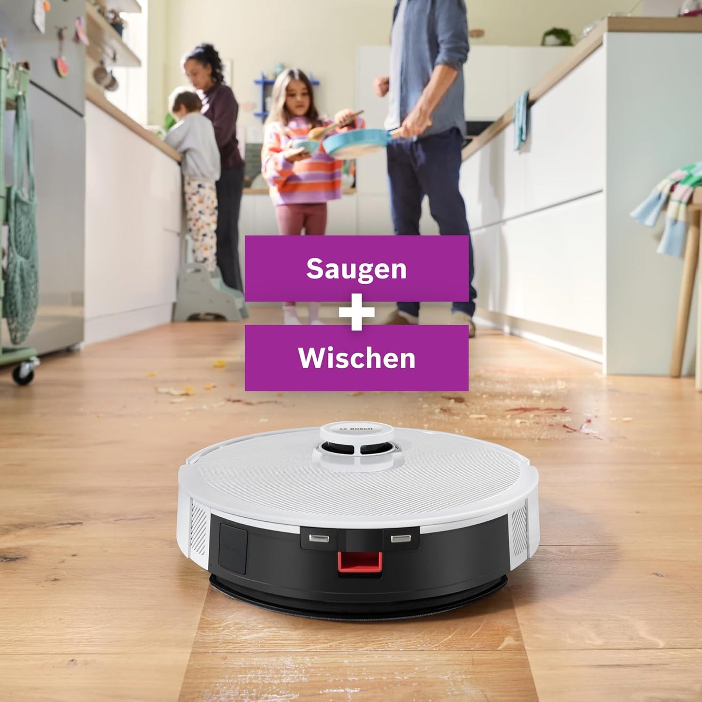 Bosch Spotless + BCRD1W Saugroboter mit Wischfunktion, 11.000 Pa Saugkraft, Wischpad, Trocken-Servicestation, Smart Vision Navigation mit Infrarot-Licht, Steuerung per App, weiß