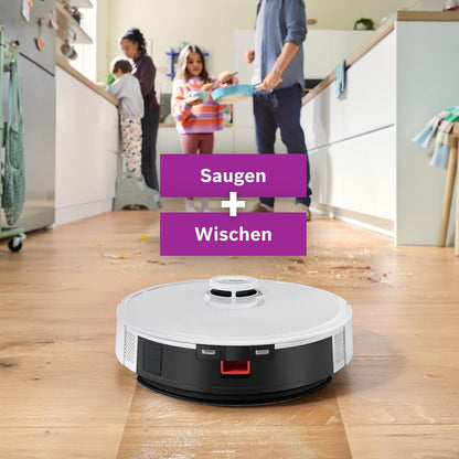 Bosch Spotless + BCRD1W Saugroboter mit Wischfunktion, 11.000 Pa Saugkraft, Wischpad, Trocken-Servicestation, Smart Vision Navigation mit Infrarot-Licht, Steuerung per App, weiß