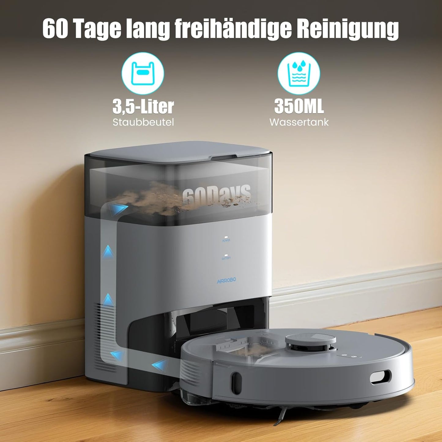 AIRROBO T30+ Saugroboter mit Wischfunktion, Staubsauger Roboter mit Absaugstation, 6000Pa Saugkraft Roboterstaubsauger, 3,5L Staubbeutel, Wischroboter LiDAR Navigation, 240Min Laufzeit, App Steuerung