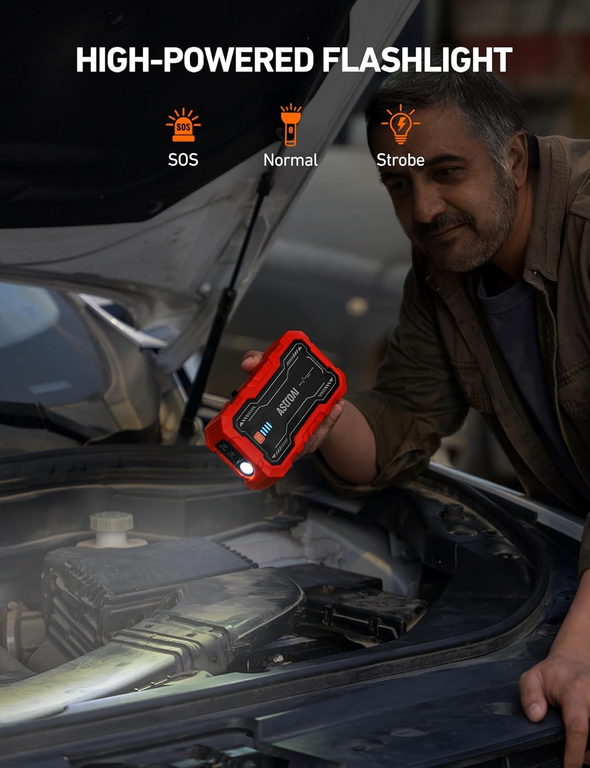 AstroAI S8 Car Battery Jump Starter, Car Jumper Starter Battery Pack for Up to 6.0L Gas & 3.0L Diesel Engines, 12V Portable Jump Box with 3 Modes Flashlight and Jumper Cable (Orange)