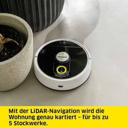 Kärcher Saugroboter RCV 3 mit Wischfunktion, smarte App-Steuerung, LiDAR-Laser-Navigation, Kartierung, Raum- und Hinderniserkennung, 2500 Pa, 120 min Laufzeit, für Hartböden und Teppiche, Weiss
