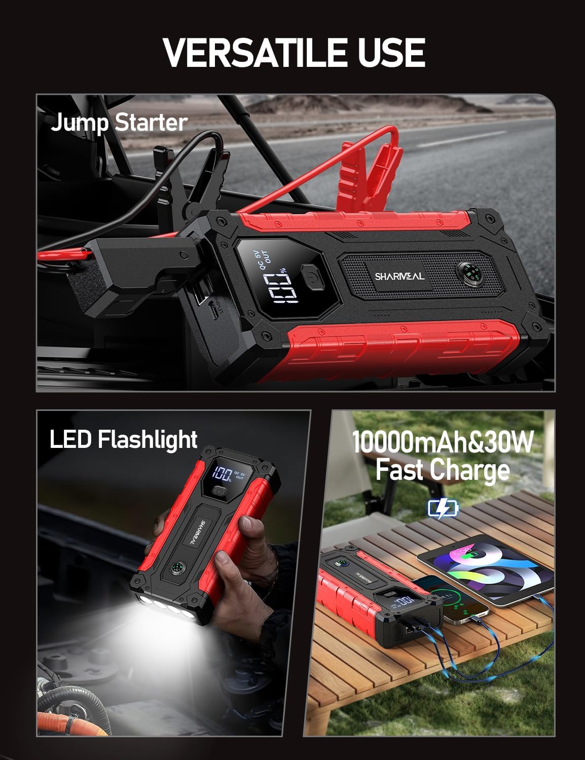 Sharmeal Car Jump Starter 5000A, Jump Starter Battery Pack for 10.0L Gas and 9.0L Diesel, 12V Portable Jump Box with LED Light