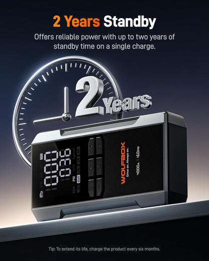 WOLFBOX 4000A Jump Starter with 160PSI Air Compressor, 12V Car Battery Booster, 65W Fast Charge, 24000mAh Portable Tire Inflator, LED Display for 10L Gas & 10L Diesel Engines, LED Light, Jumper Cables