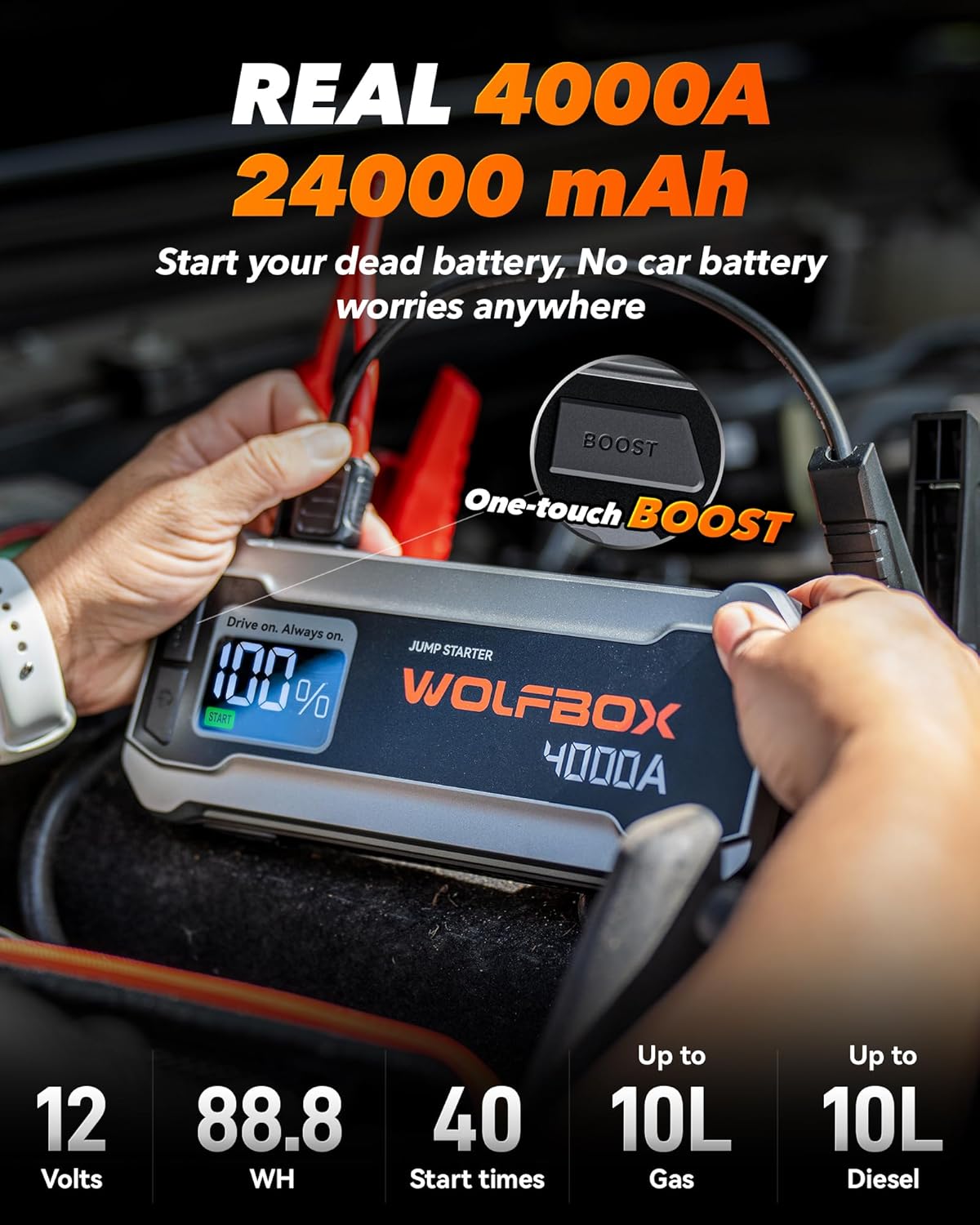 WOLFBOX MV24 4000A Jump Starter,12V Car Booster Pack with 65W Quick Charger,LED Display,24000mAh Portable Jump Starter Battery (10L Gas 10L Diesel Engine) with LED Light,Jumper Cables