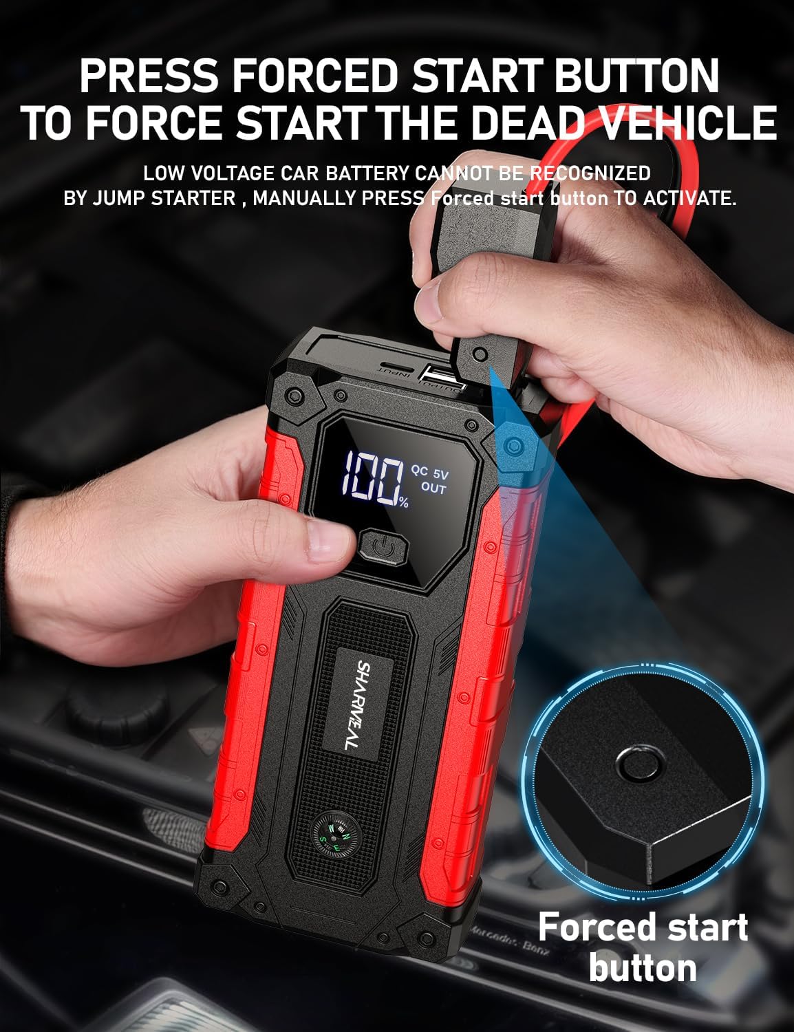Sharmeal Car Jump Starter 5000A, Jump Starter Battery Pack for 10.0L Gas and 9.0L Diesel, 12V Portable Jump Box with LED Light