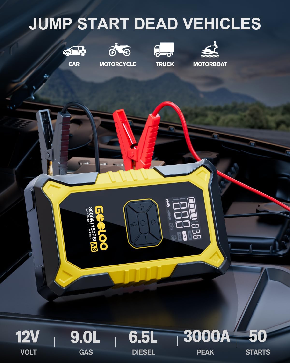 GOOLOO A3 Jump Starter with Air Compressor, 3000A Portable Car Battery Booster (9.0 Gas/6.5L Diesel) with 150PSI Auto-Shutoff Tire Inflator, 12V Supersafe Lithium Jump Box Car Battery Jumper Starter