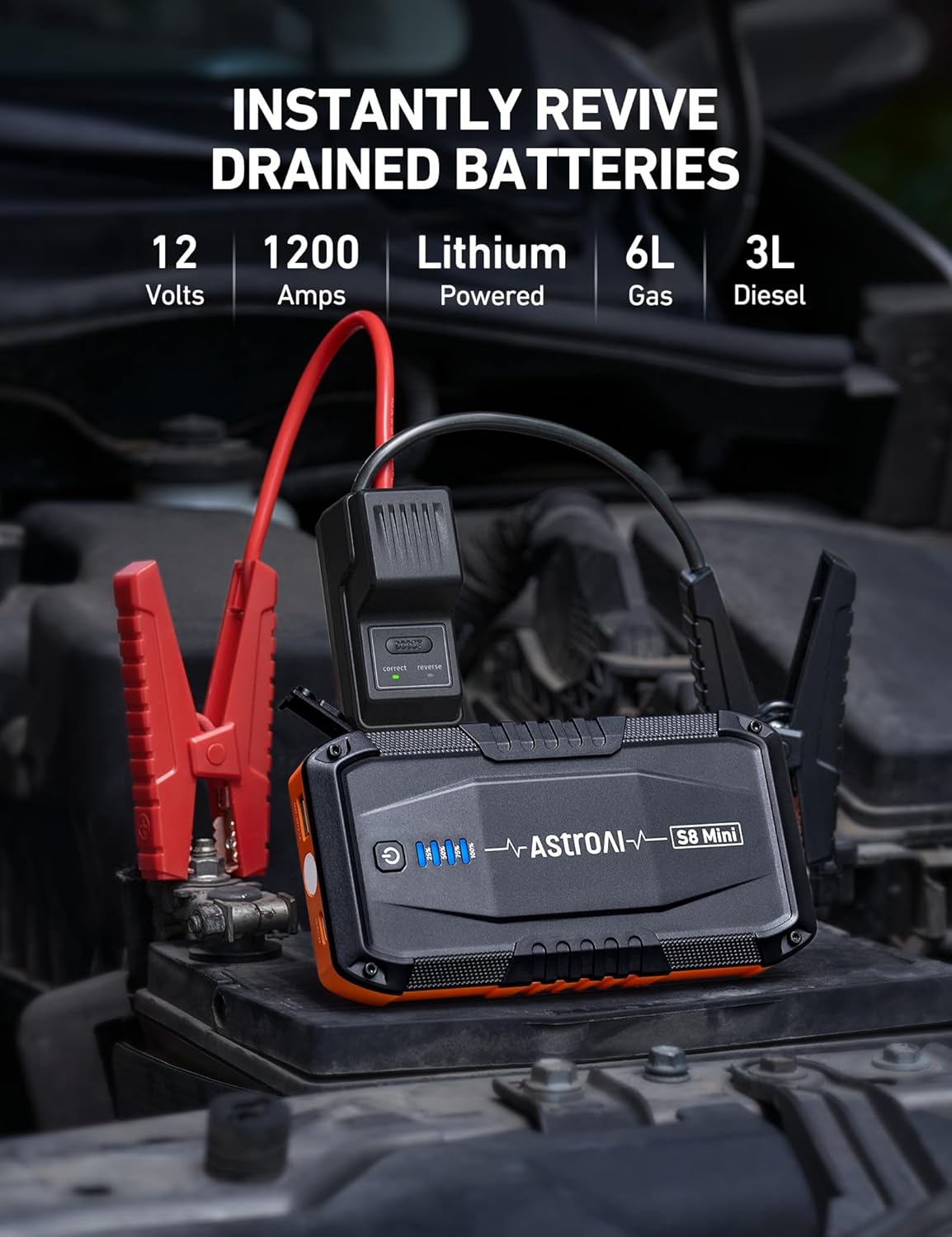 AstroAI S8 Car Battery Jump Starter, Car Jumper Starter Battery Pack for Up to 6.0L Gas & 3.0L Diesel Engines, 12V Portable Jump Box with 3 Modes Flashlight and Jumper Cable (Orange)