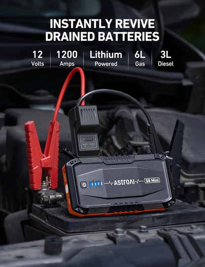AstroAI S8 Car Battery Jump Starter, Car Jumper Starter Battery Pack for Up to 6.0L Gas & 3.0L Diesel Engines, 12V Portable Jump Box with 3 Modes Flashlight and Jumper Cable (Orange)
