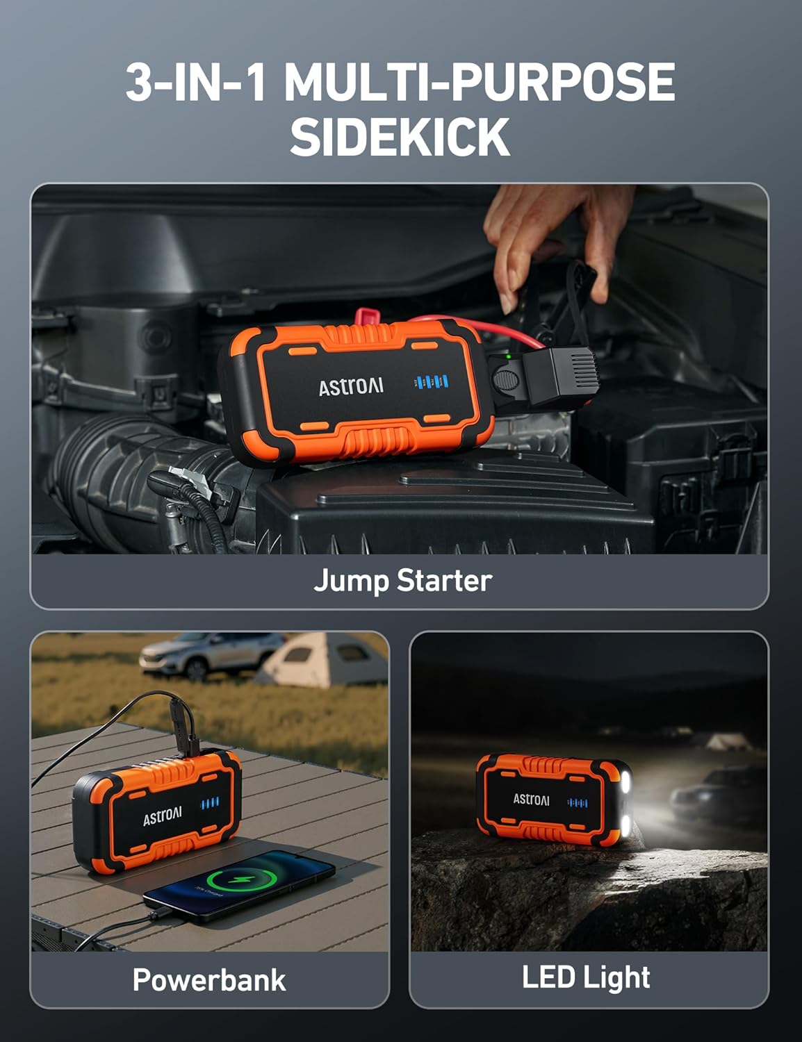 AstroAI S8 Car Battery Jump Starter, Car Jumper Starter Battery Pack for Up to 6.0L Gas & 3.0L Diesel Engines, 12V Portable Jump Box with 3 Modes Flashlight and Jumper Cable (Orange)