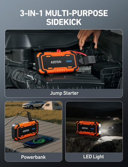 AstroAI S8 Car Battery Jump Starter, Car Jumper Starter Battery Pack for Up to 6.0L Gas & 3.0L Diesel Engines, 12V Portable Jump Box with 3 Modes Flashlight and Jumper Cable (Orange)