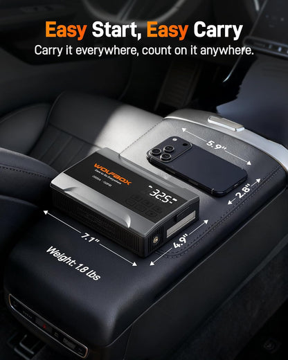 WOLFBOX 4000A Jump Starter with 160PSI Air Compressor, 12V Car Battery Booster, 65W Fast Charge, 24000mAh Portable Tire Inflator, LED Display for 10L Gas & 10L Diesel Engines, LED Light, Jumper Cables